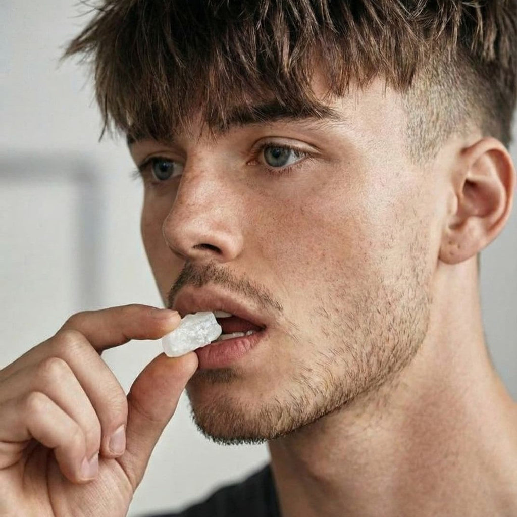 Een close-up foto van een man die met zijn hand een wit brokje authentieke Mastic Gum (mastiek) in zijn mond stopt om op te kauwen.